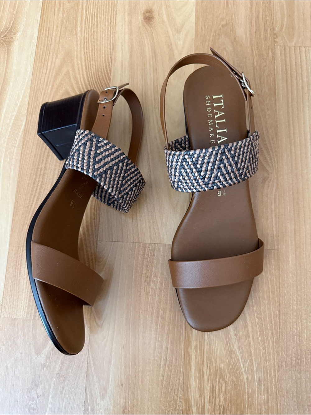 Italian Shoemakers Brown Leather Sandals with Brown & Tan Woven Strap